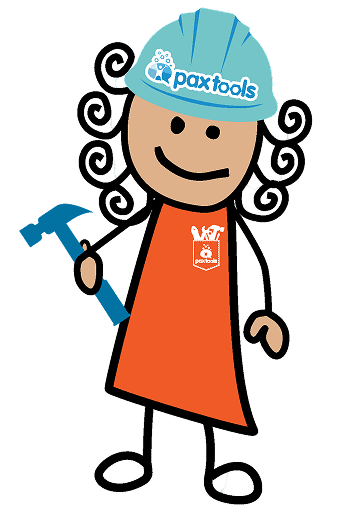 Cartoon figure with helmet and hammer.