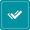 White checkmark on teal square background.