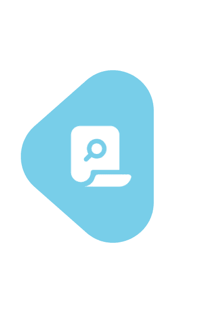 Blue icon with magnifying glass and paper.