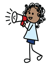 Cartoon figure holding a megaphone, smiling.